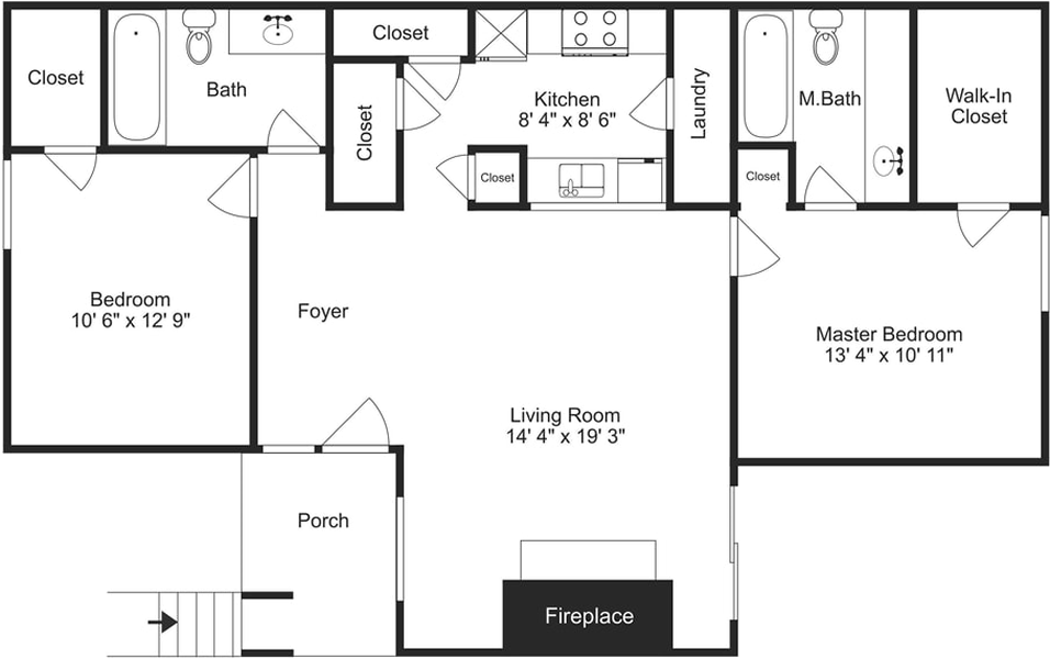 A Two Bedroom / Two Bath unit with 2 Bedrooms and 2 Bathrooms with area of 1058 sq. ft