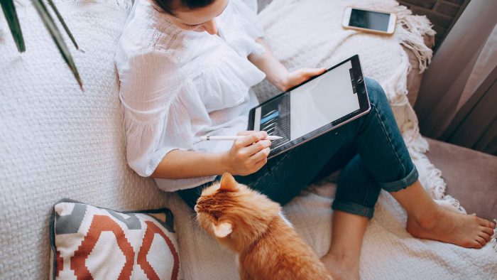 Lady with a cat on a sofa using a tablet