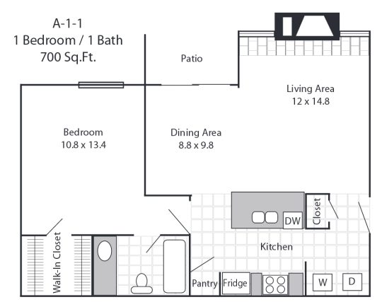 floor plan for a one bedroom apartment at The Cooper Park Apartments