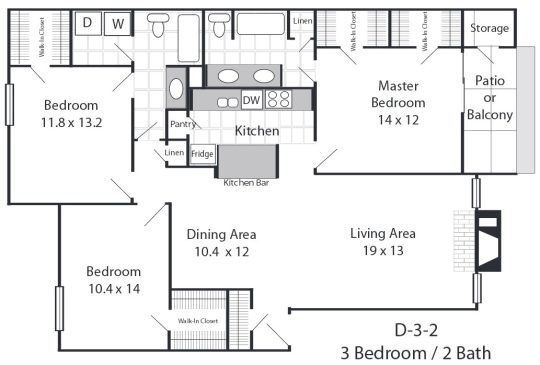 floor plan for the 2 bedroom, 2 bath, and 2 car garage apartment at The Cooper Park Apartments